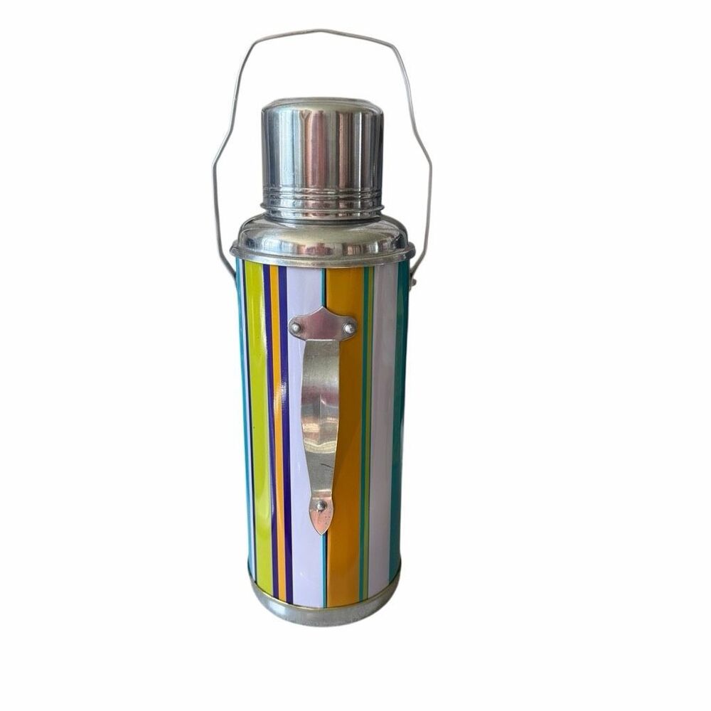 Vintage Mid-Century Striped Vacuum Flask Thermos French Style Cork Stopper 12 7/